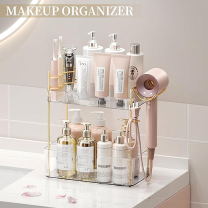 shuang qing 2 Tier Bathroom Counter Organizer with Hair Dryer Holder, Hair Tool Countertop Storage, Cosmetics Skincare Shelf Organizer, Makeup Organizer Perfume for Dresser Vanity Tray - White