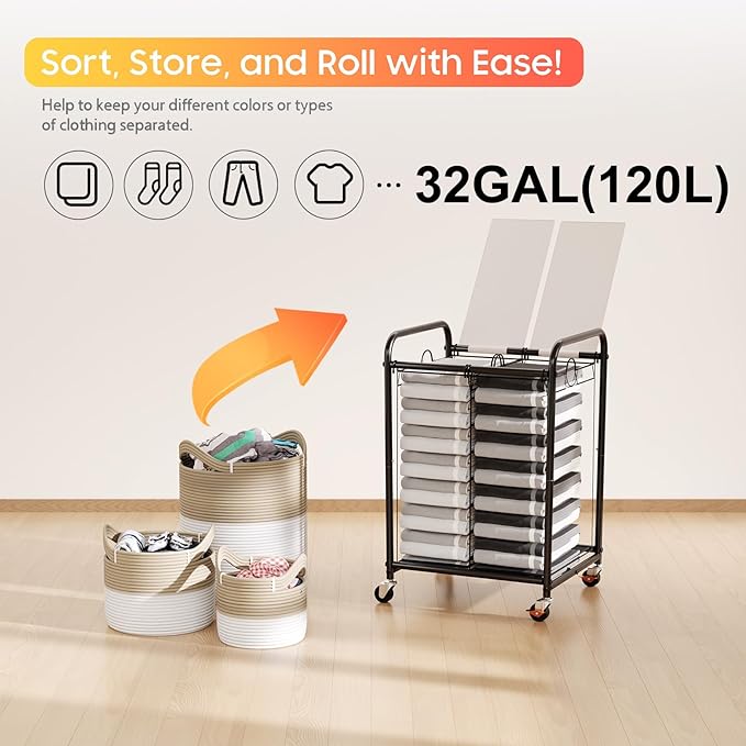 120L (31.7 Gal) Laundry Sorter 2 Section, Rolling Laundry Basket with Lockable Wheels and Lid, Laundry Hamper with 2 Separated Removable Bags Dirty Clothes Hamper for Laundry Room Organizer, White