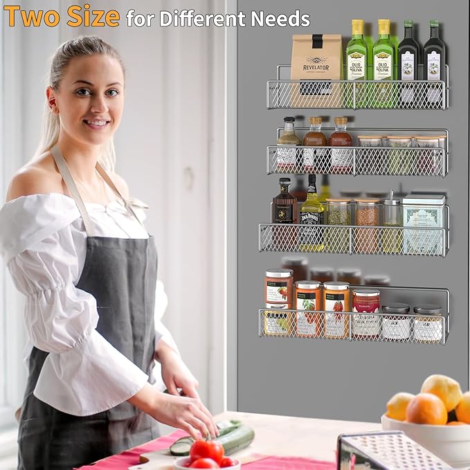 DTUQYX Magnetic Spice Rack for Refrigerator, 4 Pack 100% Metal Strong Magnet Fridge Shelves, Space Saving Spice Organizer, No Drilling Home Kitchen Laundry Room Storage Organization Moveable, Grey
