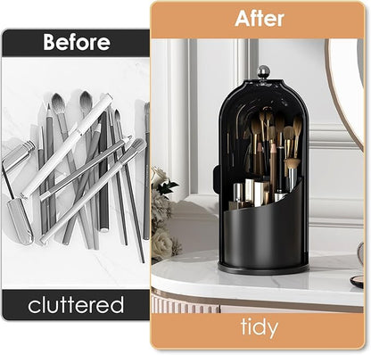 YOOLENS Makeup Brush Holder with Lid 360 Rotating Clear Dustproof Make Up Organizers for Vanity Bathroom Countertop, All Black
