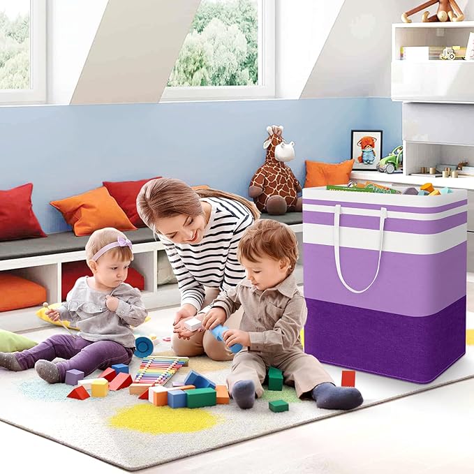 StorageRight Large Collapsible Laundry Basket Hamper with Easy Carry Handles，Freestanding Clothes Hampers for Laundry, Bedroom, Dorm, Towels, Toys, 125L, Purple