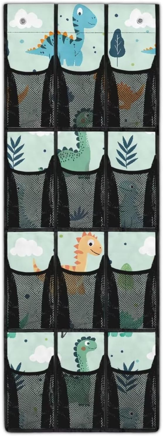 Dinosaur Over The Door Hanging Shoe Organizer,Door Back Organizer,Pantry Organizers and Storage,Spice Rack with 12 Mesh Large Pockets for Kitchen,Bathroom,Small Item Storage Bag
