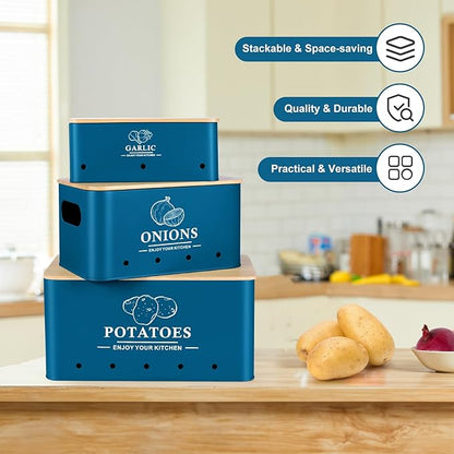 Kitchen Vegetable Storage Set of 3, Metal Onion Garlic Potato Storage Set, Kitchen Canisters Vegetable Keeper Containers with Aerating Holes and Wooden Lid (Dark Blue)