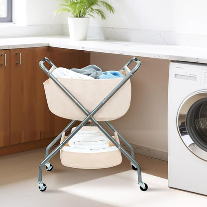 STORAGE MANIAC Collapsible Laundry Cart with Wheels 31.5"H Rolling Laundry Hamper Clothes Basket with Wheels, Canvas Liner Sturdy Steel Frame Folding for Small Narrow Space Easy Storage, Beige