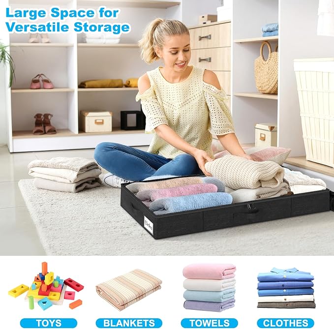 Under Bed Storage Container Bins 2 Pack, 5 Inch Thin Low Profile Underbed Clothes Storage Organizer for Dorm & Home, Use for Blanket and Toy Storage Box W/ Sturdy Bottom/Sides, Foldable Thick Fabric