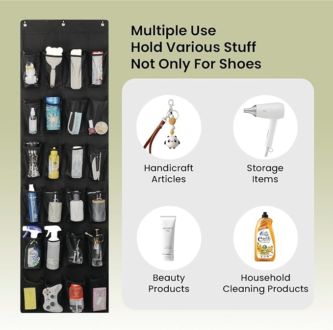 VIMALIFE Over the Door Shoe Organizer with 24 Large clear Mesh Pockets, Space Saving Shoe Holder with Metal Hooks, Hanging Rack for Closet & Door Storage, Pantry Organizer, Home Accessories