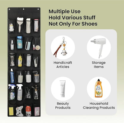 VIMALIFE Over the Door Shoe Organizer with 24 Large clear Mesh Pockets, Space Saving Shoe Holder with Metal Hooks, Hanging Rack for Closet & Door Storage, Pantry Organizer, Home Accessories