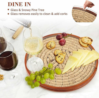 Maxdot Wine Cork Holder Decorative Wine Lover Creative Wedding Gifts for Couples Wooden Lazy Susan for Countertop with Glass Protective Cover Can Store 130 Corks Stoppers Display Bar Table Centerpiece