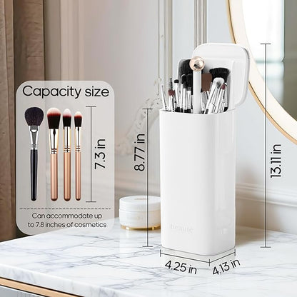 Osuke Makeup Brush Holder with Lid Cosmetic Tools Organizer,One Touch Open 4 Slot Makeup Brush Case with Waterproof Dustproof, Cosmetic Storage for Dresser Vanity and Bathroom Countertop