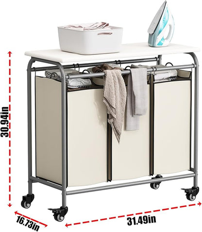 LINZINAR 3 Bag Laundry Basket Sorter Heavy Duty Rolling Lockable Wheels Laundry Hamper Cart with Ironing Board and Removable Bags, Beige