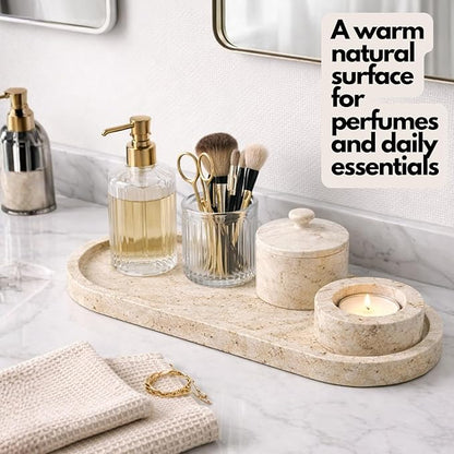 Natural Travertine Oval Bathroom Vanity Tray – 12”x6” Stone Tray for Countertop, Perfume & Jewelry Display | Solid 2cm Thick, Authentic Turkish Travertine