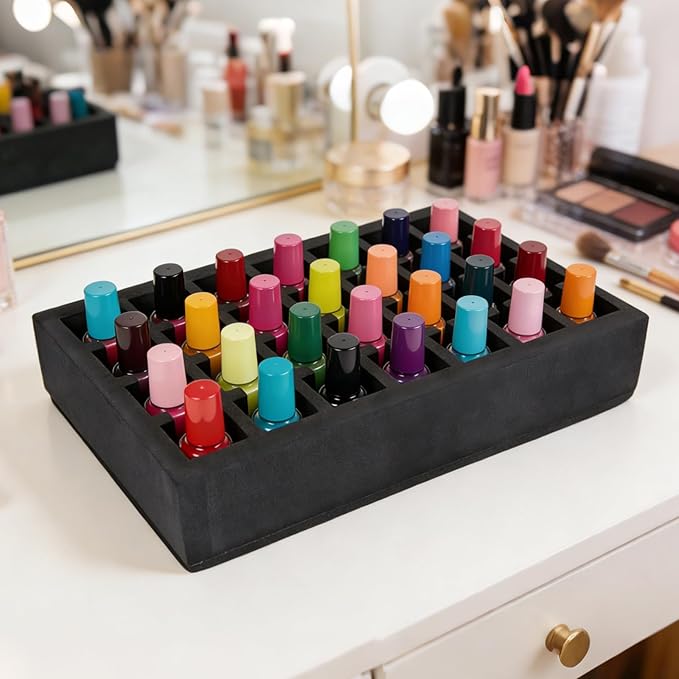 Nail Polish Drawer Organizer, Holder Foam Pad with Slots for Storage 28 Bottles Nail Polish or Essential Oil for Counter Vanity Dresser Desk Drawer, Black