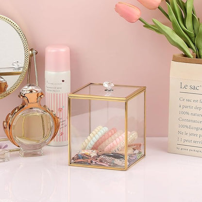 Hipiwe Gold Glass Vanity Box Vintage Apothecary Jars with Lids Cotton Pad Dispenser Qtip Holder Cotton Ball Swab Round Organizer Bathroom Canister Storage Jar for Q-tip, 3.9" L x 3.9" W x 4.7" H