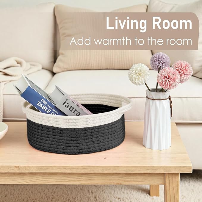 JMvicyroam Woven Basket,Small Rope Storage Bin with Handles & Ribbon Bag, Organizer for Shelves Closets,Gift Basket Empty for Birthday,Books,Dog Toys, White&Black