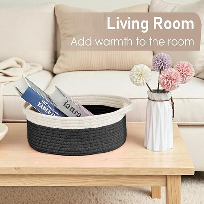 JMvicyroam Woven Basket,Small Rope Storage Bin with Handles & Ribbon Bag, Organizer for Shelves Closets,Gift Basket Empty for Birthday,Books,Dog Toys, White&Black