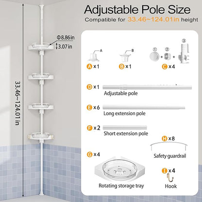 shuang qing 360° Rotating Corner Shower Caddy Tension Pole Organizer - 4-Tier Adjustable Rustproof Metal Pole, Plastic Shelves with Safety Guardrail, Bathroom Storage for Shower & Bathtub(White)