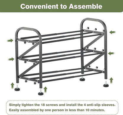 3-Tier Shoe Rack for Closet, 16"-32" Expandable ShoeRackAdjustable for Entryway Closet Doorway SturdyMetal, Black