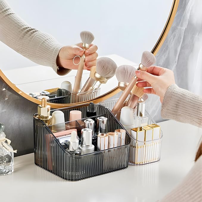 Black Makeup Brush Holder & Organizer for Vanity, Bathroom Countertop - 5 Cup Toiletry Organizer for Skincare, Perfume, Hairbrush, Sunglasses & Desk Accessories