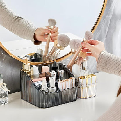 Black Makeup Brush Holder & Organizer for Vanity, Bathroom Countertop - 5 Cup Toiletry Organizer for Skincare, Perfume, Hairbrush, Sunglasses & Desk Accessories