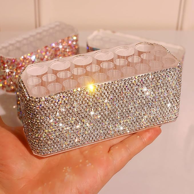 Bling Acrylic 26-Slot Makeup Brush and Pen Organizer Display Stand for Eyebrow Pencils, Ballpoint Pens, Eyeliners, and More(Silver)