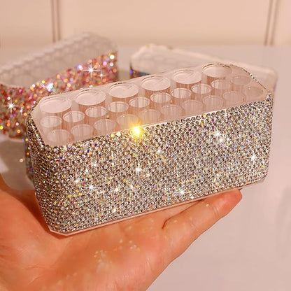 Bling Acrylic 26-Slot Makeup Brush and Pen Organizer Display Stand for Eyebrow Pencils, Ballpoint Pens, Eyeliners, and More(Silver)