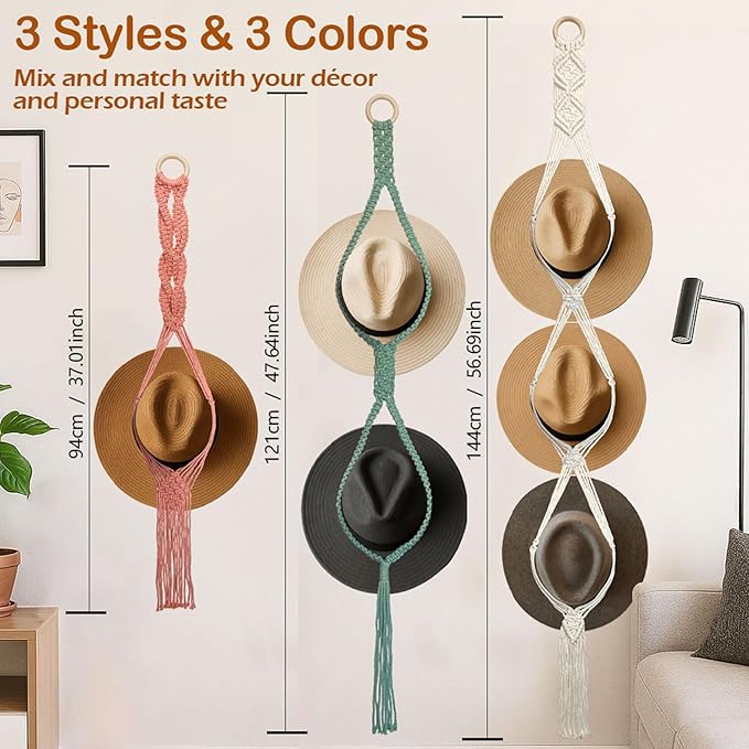 Besoamo Macrame Hat Hanger for Wall, Boho Hat Rack for Wall Hanging Hat Display, Hand-woven Hat Organizer for Wide-Brim Hat, Decorative Bohemian Hat Storage Cowboy Hat Holder(3 Styles and 3 Colors)