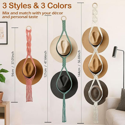 Besoamo Macrame Hat Hanger for Wall, Boho Hat Rack for Wall Hanging Hat Display, Hand-woven Hat Organizer for Wide-Brim Hat, Decorative Bohemian Hat Storage Cowboy Hat Holder(3 Styles and 3 Colors)