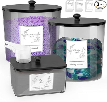 COAZEX 3 Pack Laundry Powder Container & Dryer Sheet Holder, Plastic Laundry Room Organization and Storage Jars with Lids, Labels & Scoops for Powder, Detergent, Scent Booster (Black)