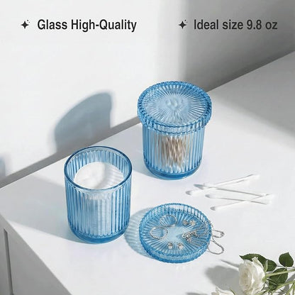 2 Pack Qtip Holder - Apothecary Jars with Lids, Bathroom Organizers and Storage Canister for Cotton Balls,Swabs,Floss Picks,Hair Ties,Clear Glass Vintage Bathroom Decor Jar Set (Blue)