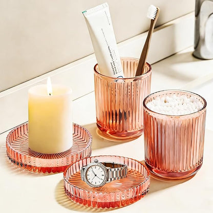 Glass Qtip Dispenser 2 Pack, Clear Bathroom Storage Organizer for Cotton Swabs, Balls, Pads & Floss Picks, Vanity Makeup Essential Accessories (Pink)