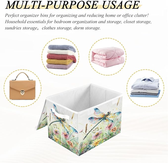 senya Baskets Collapsible Storage Bins with Lids, Dragonfly Wildflowers Painting Storage Boxes Clothes Baskets for Organizing