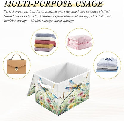 senya Baskets Collapsible Storage Bins with Lids, Dragonfly Wildflowers Painting Storage Boxes Clothes Baskets for Organizing
