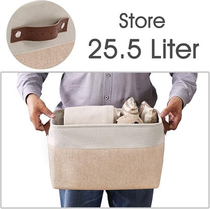 DECOMOMO Storage Bins, Large Fabric Storage Baskets for Shelves, Decorative Linen Closet Organizer, 15 x 11 x 9.5 inches (Beige & White, 4 Pack)