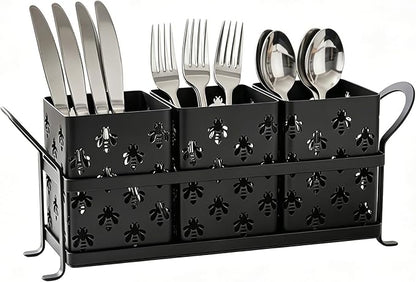 Silverware Caddy with Bee Design, 3 Compartment Metal Utensil Holder with Handles,Silverware Holder for Party Countertop, Kitchen, Outdoor, Cutlery Holder Organizer for Spoon Fork,Black