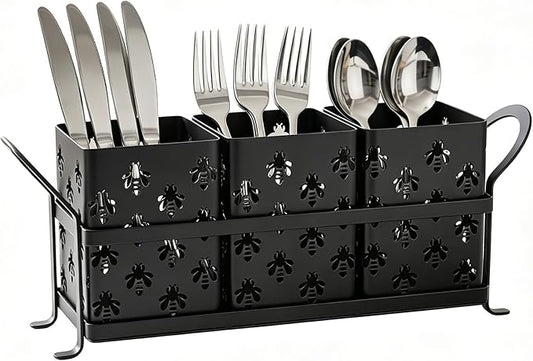 Silverware Caddy with Bee Design, 3 Compartment Metal Utensil Holder with Handles,Silverware Holder for Party Countertop, Kitchen, Outdoor, Cutlery Holder Organizer for Spoon Fork,Black
