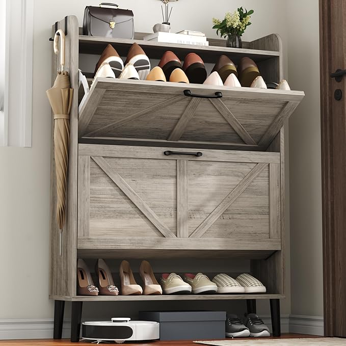 HOMEFORT Shoe Storage Cabinet for Entryway, 30" Freestanding Organizer with Two Flip Drawers, Narrow Hidden Shoe Rack with Wood Legs, Farmhouse Shoe Cabinet for Front Door Entrance,Washed Gray