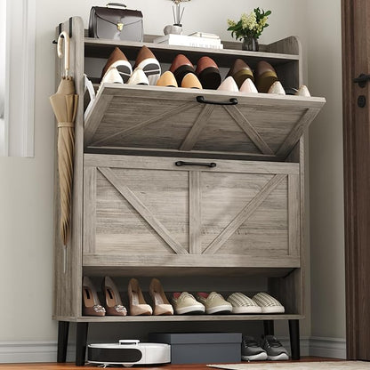 HOMEFORT Shoe Storage Cabinet for Entryway, 30" Freestanding Organizer with Two Flip Drawers, Narrow Hidden Shoe Rack with Wood Legs, Farmhouse Shoe Cabinet for Front Door Entrance,Washed Gray