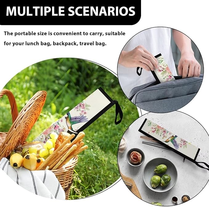 Hummingbird Flower Portable Travel Tableware Bag Flatware Storage Bag Case Travel Utensils Cutlery Bag for Fork Spoon, Chopsticks,11.8 Inch Camping Organzier