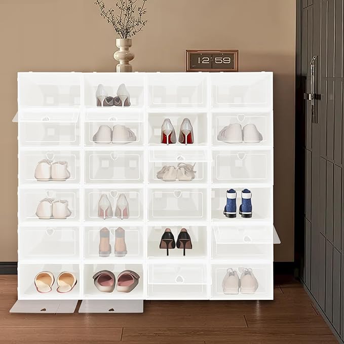 24Pcs Stackable Shoe Storage Boxes with Clear Doors - Foldable Shoe Organizer for Closet Cabinet, Black/White/Green Options for Sneakers Boots Home Organization (White)