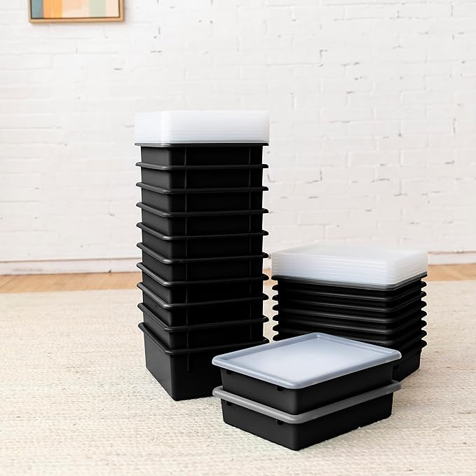 ECR4Kids Letter Size Plastic Tray Organizer with Lids, Small, Storage Bins, Black, 10-Piece