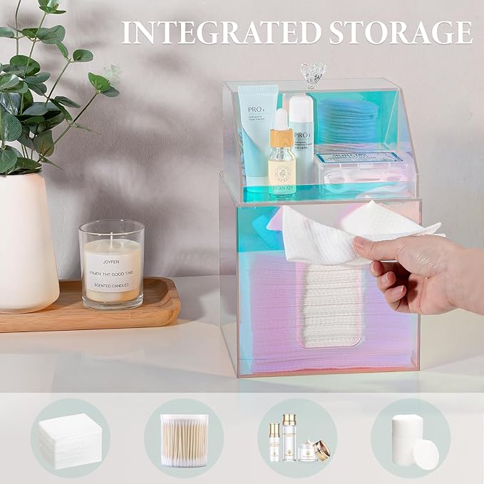 Disposable Facial Towels Storage Compatible with Clean Skin Club Clean Towel XL Double Layer Acrylic Box Cotton Pads Container Qtip Bin Face Towelettes Holder for Bathroom Counter, Glossy Rainbow