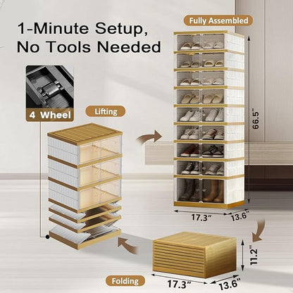 SYNCVIBE Shoe Rack Organizer for Closet Entryway Foldable Sneaker Storage Shoe, Collapsible Shoe Cabinet, Stackable Shoe Storage Cabinet with Lids for Living Room (9 Tiers -18 Pairs White Gold)