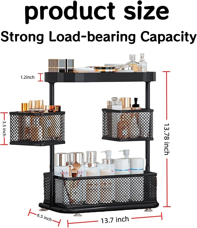 Bathroom Counter Organizer 3 Tier Rotating Cosmetic Holder Standing Shelf Vanity Bedroom Storage Cabinet Bathroom Tray for Countertop Storage Kitchen Spice Rack (Black, 3Tiers)