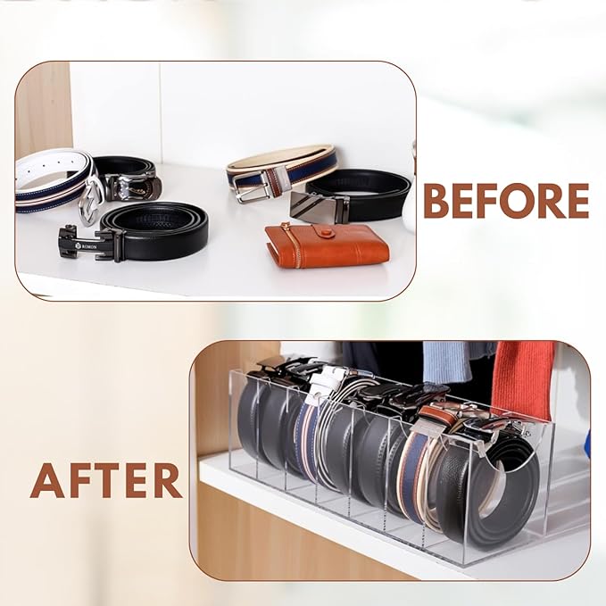 Acrylic Belt Organizer with 7 Compartments – Clear Belt Container Display Holder for Closet or Drawer, Ideal Storage Box for Belts, Ties, and Accessories for Men and Women, Home Use