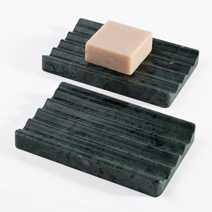 Karibiber 2 Pcs Soap Holder for Bathroom, Marble Soap Dish for Kitchen Countertop, Green Soaps Tray with Creative Wavy Design, Soaps Saver for Bath Tub, Sponges, Indian Natural Stone