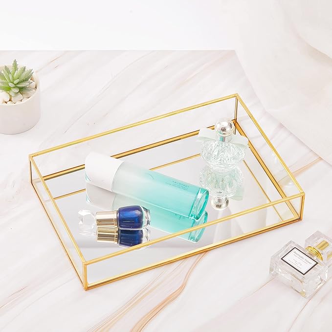 Gold Mirror Decorative Tray Jewelry Perfume Organizer Vanity Tray, Dresser Tray, Bathroom Bedroom Cosmetics Storage, Metal and Glass, Rectangular, 11.8"x7.9"x2"