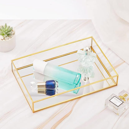 Gold Mirror Decorative Tray Jewelry Perfume Organizer Vanity Tray, Dresser Tray, Bathroom Bedroom Cosmetics Storage, Metal and Glass, Rectangular, 11.8"x7.9"x2"