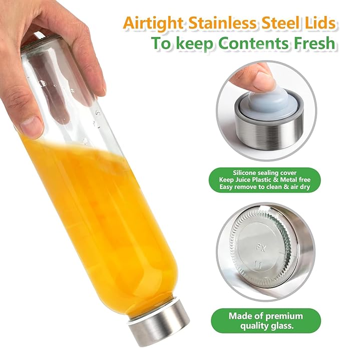 Zukro Glass Water Bottles with Lids 24 oz, 10 Pack Reusable Juice Bottles With Stainless Steel Airtight Cap for Juicing, Leak Proof Clear Drinking Jar Beverage storage container for Fridge, BPA Free