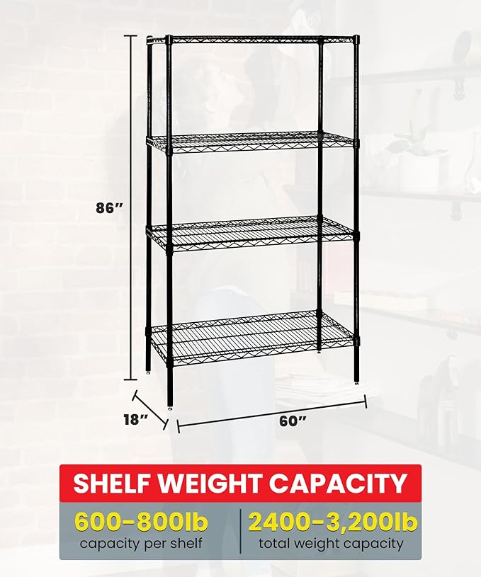 Quantum Storage Systems WR86-1860BK Starter Kit Wire Shelves Black Epoxy 4 Shelves 86" H x 60" W x 18" D