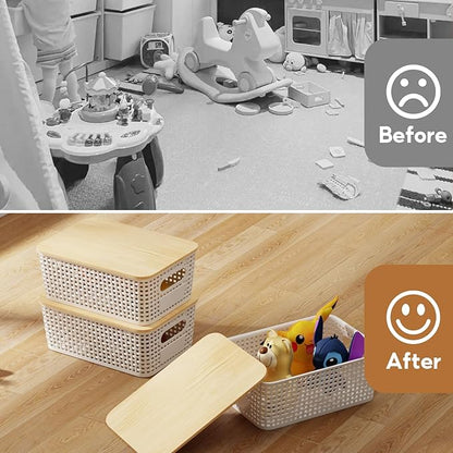 8 Pcs Plastic Storage Bins with Bamboo Lids and Labels 5.29qt Stackable Box Basket Pantry Decorative Containers, Small Storage Baskets for Desktop Shelves Drawers Closets Office Cabinets 10*7.2*4.1"
